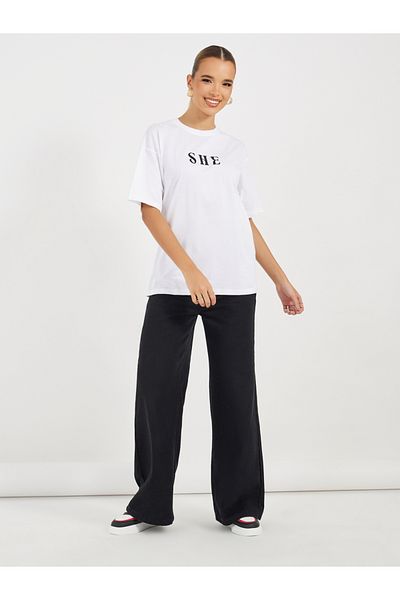 Styli Oversized Embroidered She Slogan T-Shirt