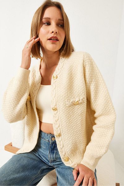 Bianco Lucci Women's Braided Buttoned Knitwear Cardigan