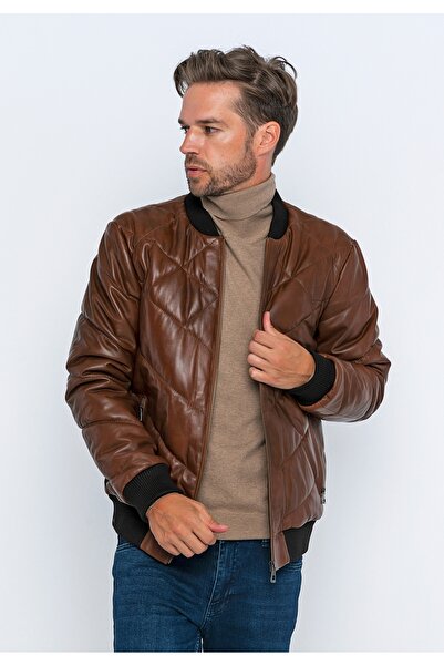 Basics&More معطف جلد كستنائي للرجال-E3001