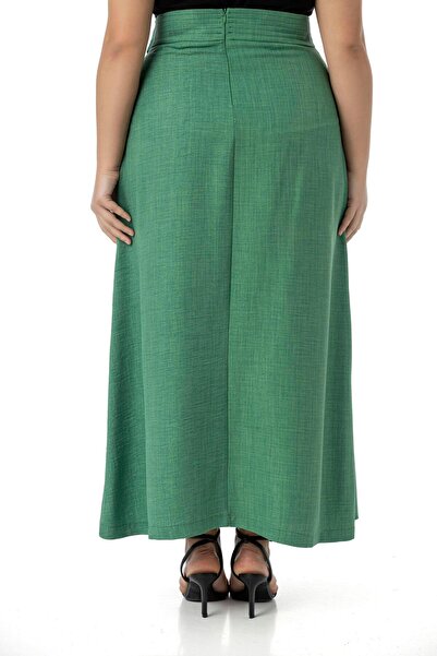 DISENTIS MODEST Plus Size Front Slit Ornamental Lacing Detail Bag Pocket Green Midi Skirt