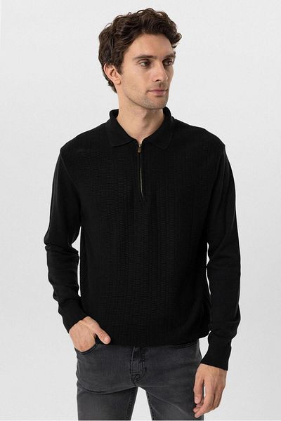 SÜVARİ Cavalry Comfortable Zippered Dobby Patterned Black Knitwear