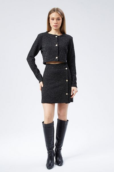 Maison La Femme Set de fuste mini jachetă blazer din tweed negru pentru femei