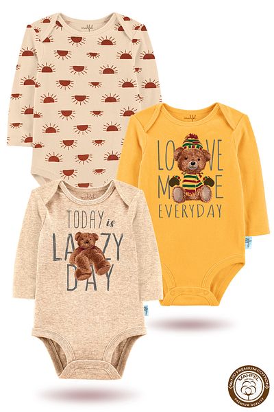 MAHFEL 100% Cotton 3-Piece Organic Printed Snap Fastener Baby Bodysuit
