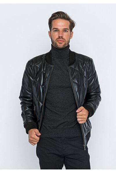 Basics&More معطف جلد بومبر أسود للرجال-E3001