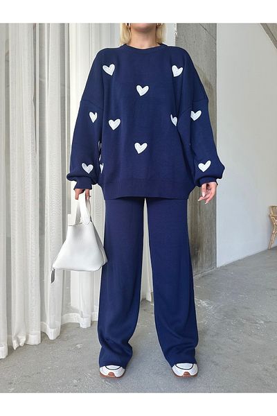 Piano Black Women's Heart Patterned Knitwear Pullover Trousers Double Set