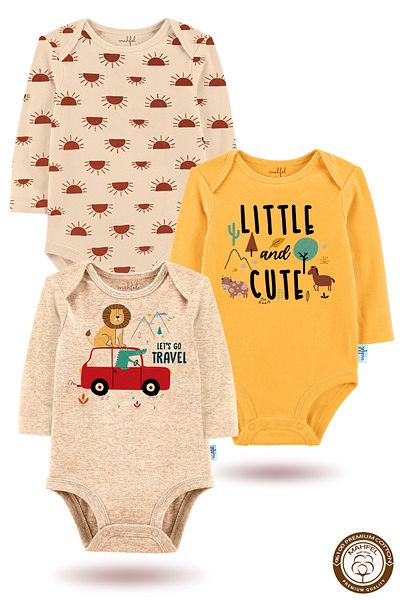 MAHFEL 100% Cotton 3-Piece Organic Printed Snap Fastener Baby Bodysuit