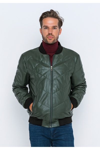 Basics&More Erkek KoyuYeşil Bomber Deri Mont-E3001