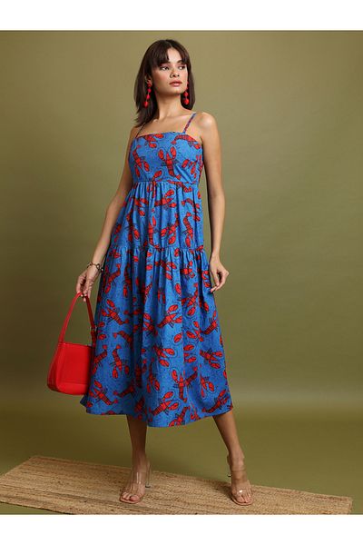 Vishudh By Styli Graphic Print Strappy Tiered Cotton Midi Dress