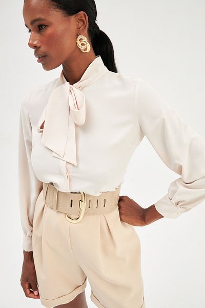 Sateen Straight Satin Shirt with Tie Collar