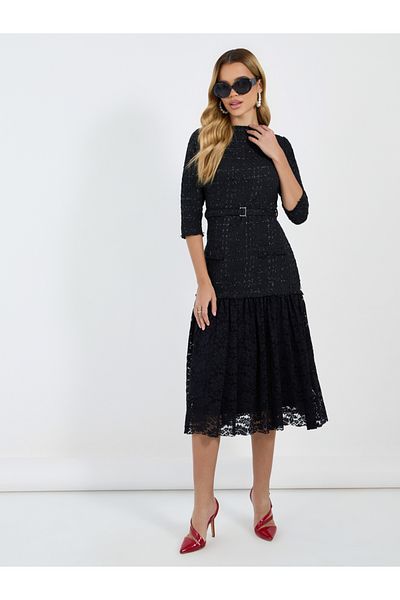Styli Lace Insert 3/4th Sleeves A-Line Midi Dress