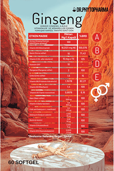 Dr Phytopharma Kırmızı Kore Ginsengi 100 mg Panax Ginseng + 17 İçerikli Premium Kompleks 705mg x 60 Kapsül