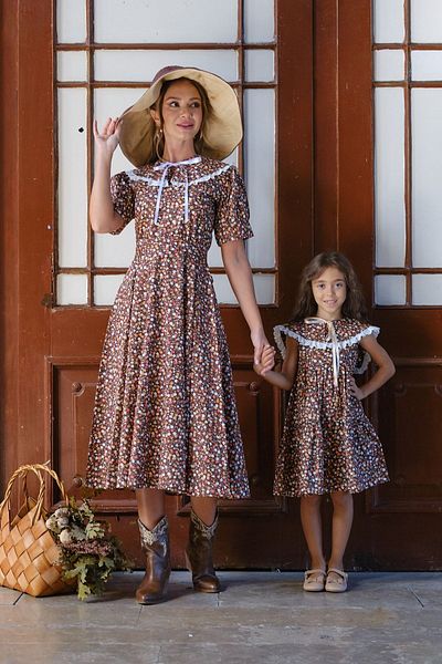 KÜÇÜĞÜM BUTİK Vintage Brown Floral Portable Collar Flared - Mother and Daughter Design (on Sale Single)