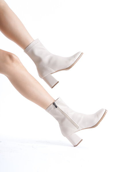 BAKGİY Bej Cilt Kadın Streç Cilt Önü Kare Yandan Fermuarlı Bot BG1001-116-0009