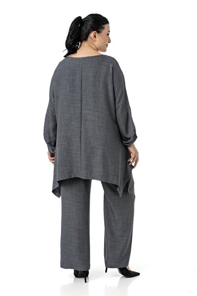 DISENTIS MODEST Plus Size Relaxed Fit Blouse Pants Gray Double Set