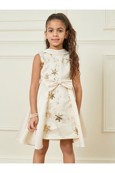Styli All Over Star Embellished Bow Front Layered Detail Dress