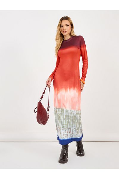 Styli Color Block Printed Long Sleeves Bodycon Maxi Dress