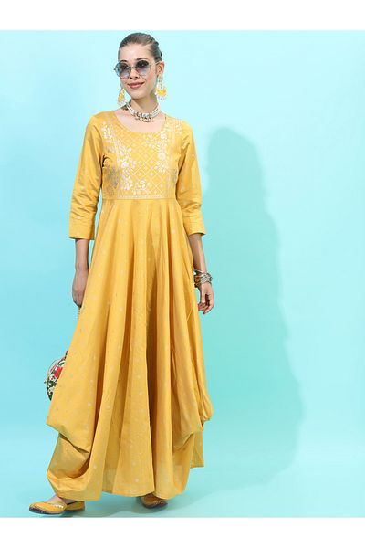 Vishudh By Styli Foil Panel Print 3/4 Sleeves A-Line Ethnic Maxi Dresses