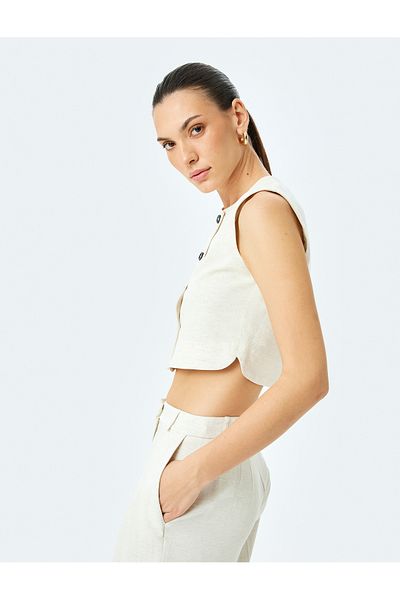 Koton Round Neck Linen Blended Buttoned Sleeveless Crop Vest