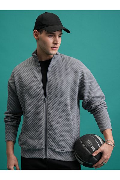 Highlander By Styli Textured Front Zip Collared Sweatshirt