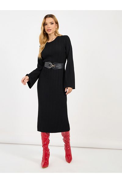Styli Textured Knit Round Neck Sheath Midi Dress