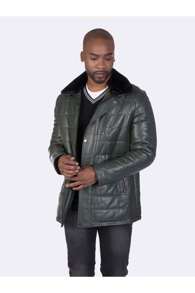 Basics&More Erkek Yeşil Kürk Yakalı Hakiki Deri Mont-E2118
