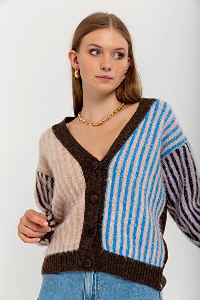 Genel Markalar Triko Kumaş Uzun Kol V Yaka Kısa Boy Çizgili Kadın Hırka-MAVİ-...