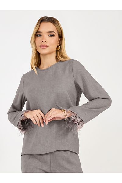 Styli Solid Top with feather trim Sleeves & Wide Leg Pants Co-Ords Set