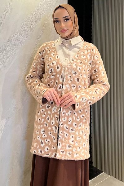 julude Cardigan din tricot hijab cu barbă cu model leopard bej