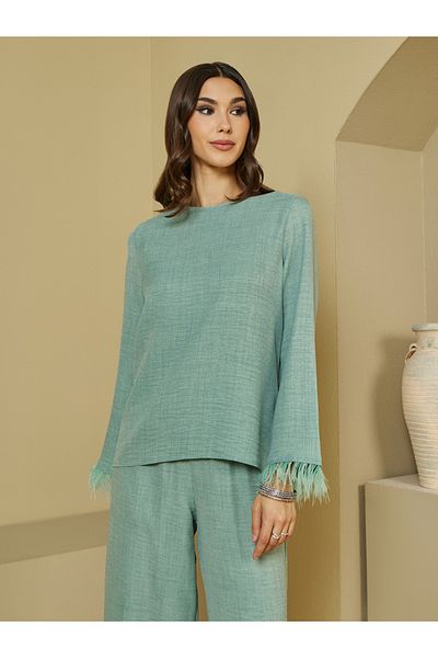 Styli Longline Top with Feather Trim on Sleeves & Wide Leg Pants Modest Set