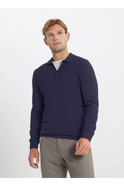 ALTINYILDIZ CLASSICS Ανδρικό πουλόβερ Hexadecard Classics Indigo Cotton Standard Fit με κανονική εφαρμογή με λαιμόκοψη Dobby πλεκτό πουλόβερ