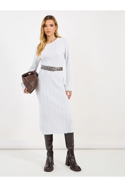Styli Textured Knit Round Neck Sheath Midi Dress