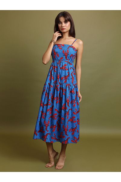 Vishudh By Styli Graphic Print Strappy Tiered Cotton Midi Dress