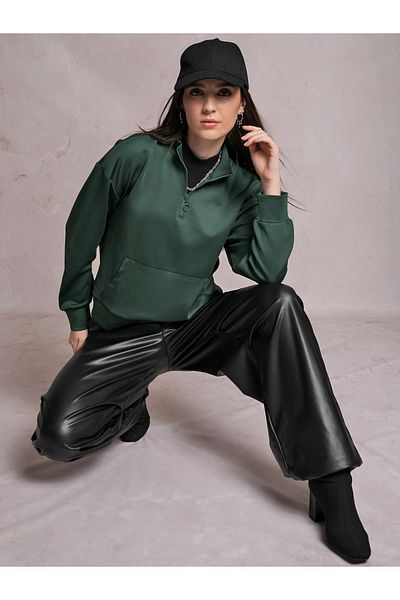Tokyo Talkies By Styli Solid High Neck Sweatshirt with Half Zip Closure