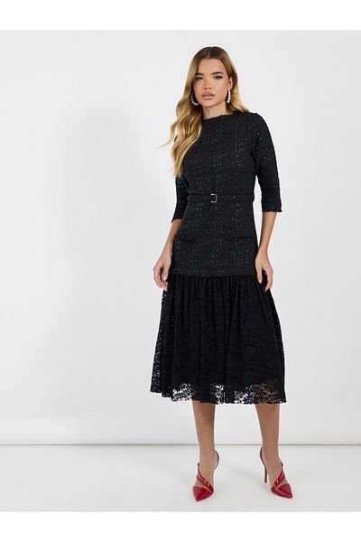 Styli Lace Insert 3/4th Sleeves A-Line Midi Dress