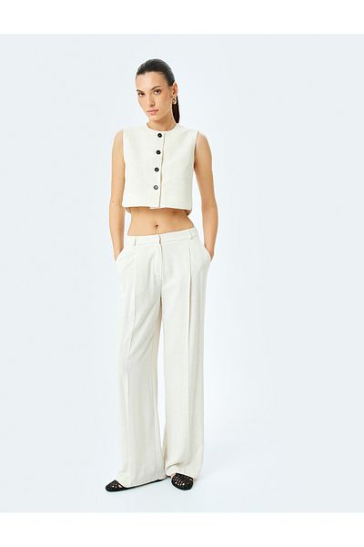 Koton Round Neck Linen Blended Buttoned Sleeveless Crop Vest