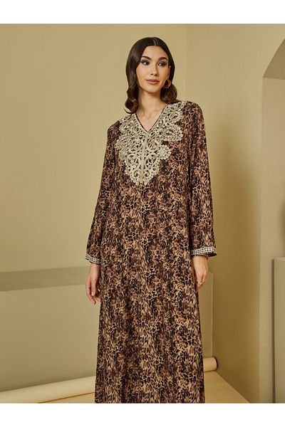 Styli Leopard Print Jalabiya with Golden Lace Detail