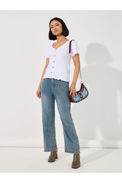 Styli Lettuce Edge Rib Knit Top with Button Detail