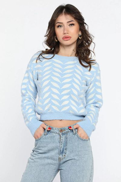 GÜLSELİ Pulover de damă din tricotaje croptop din fire moale cu model albastru