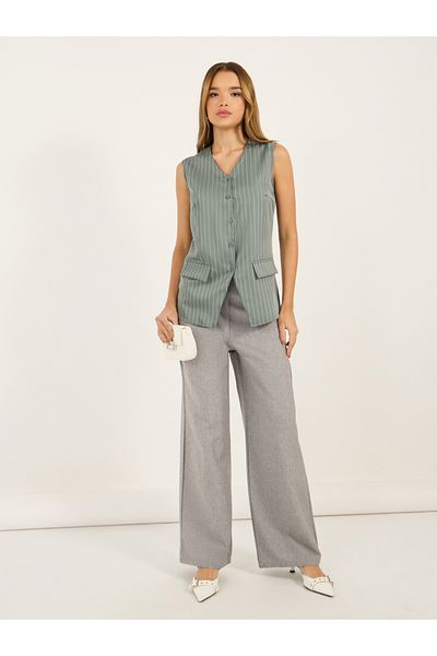 Styli Striped Longline Button Through V Neck Waistcoat