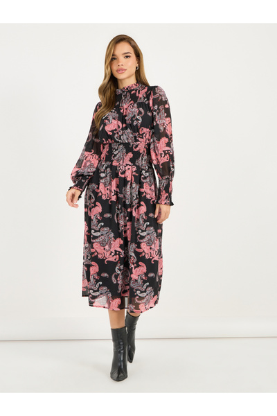 Styli All Over Print Balloon Sleeves A-Line Midi Dress