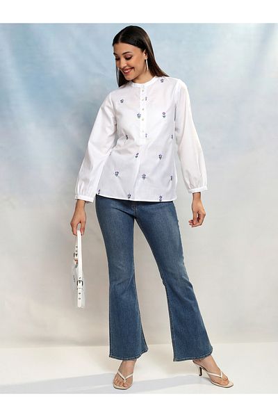 Vishudh By Styli Floral Embroidered Mandarin Collar Shirt Style Top