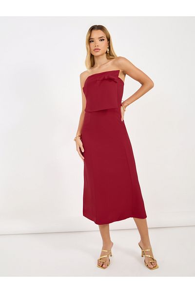 Styli Bardot Neck A-Line Midi Dress with Bow Detail