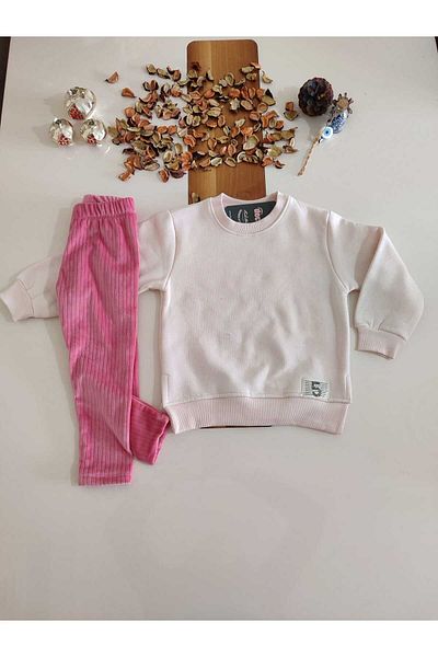 Asel Arma Detailed Leggings Velvet Tripe with 3 Stripes Chardon Girl's Suit