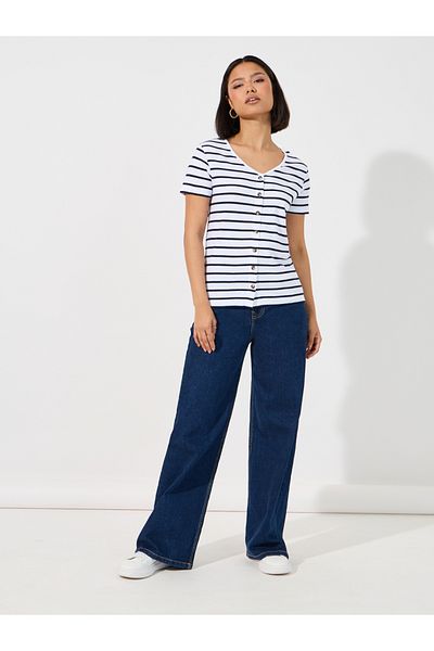 Styli Striped Knit Top with Button Placket