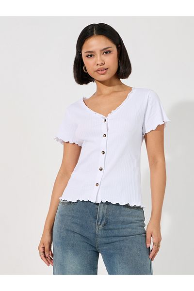 Styli Lettuce Edge Rib Knit Top with Button Detail