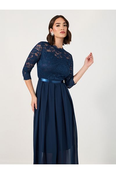 Styli Lace Insert 3/4th Sleeves A-Line Midi Dress