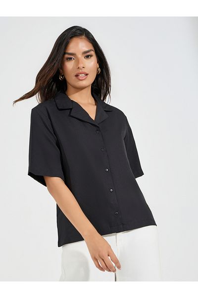 Styli Solid Loose Fit Buttoned Shirt with Lapel Collar
