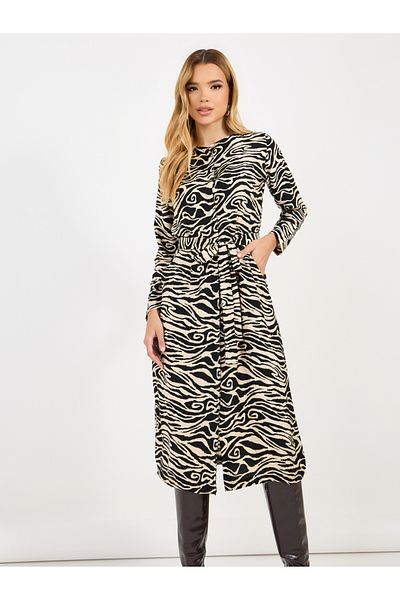 Styli Animal Print A-Line Midi Dress with Tie Belt