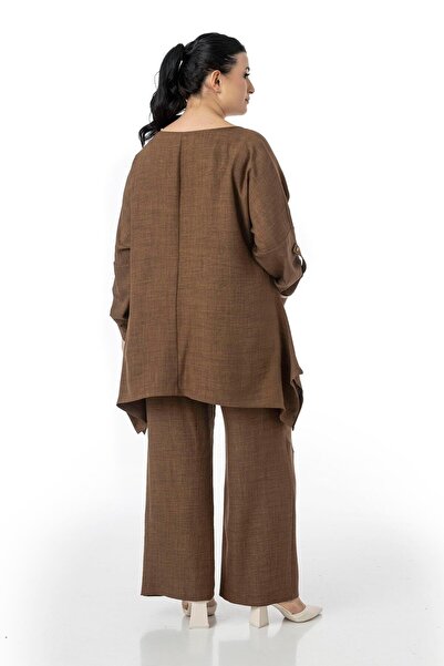 DISENTIS MODEST طقم بلوزة وبنطلون مقاس كبير بقصة مريحة - بني