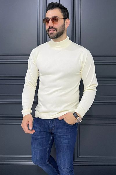 MİSHAR İTALİA Кремаст мъжки плетен пуловер с половин яка